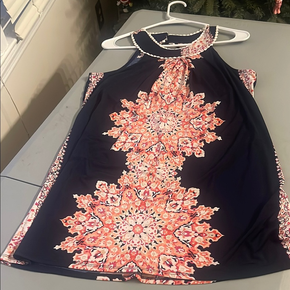 Navy and Pink Sleeveless Dress with Floral Pattern